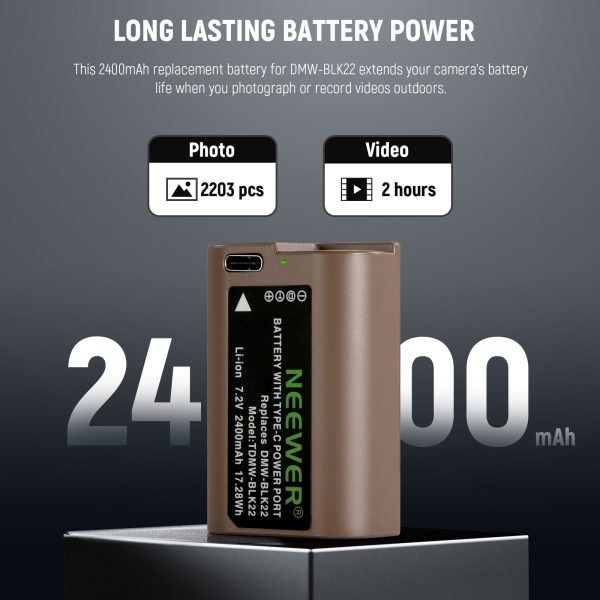 NEEWER 2400mAh DMW-BLK22 Replacement Battery For Lumix Cameras Supply